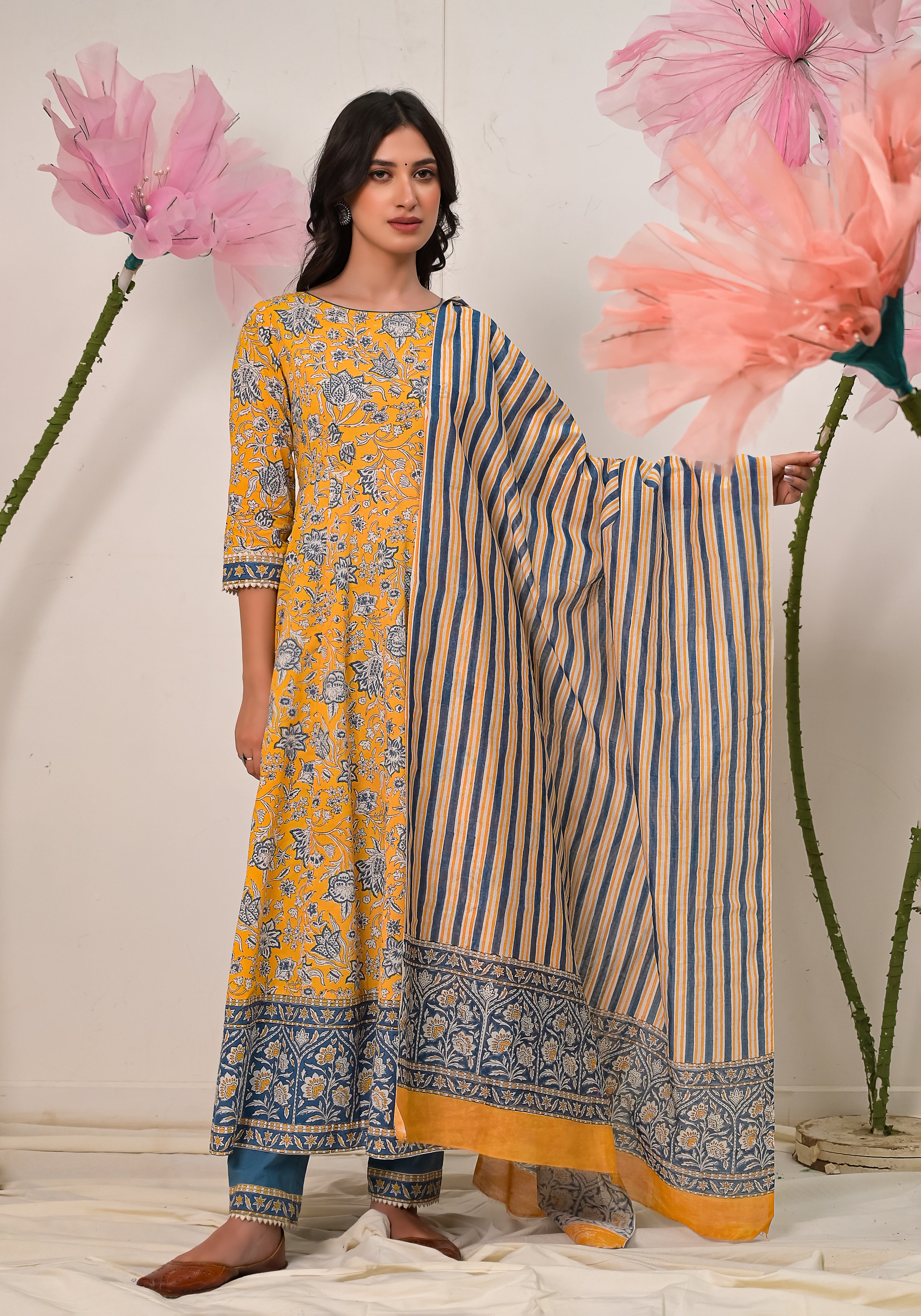 Florence Block Print Cotton Anarkali With Duppata