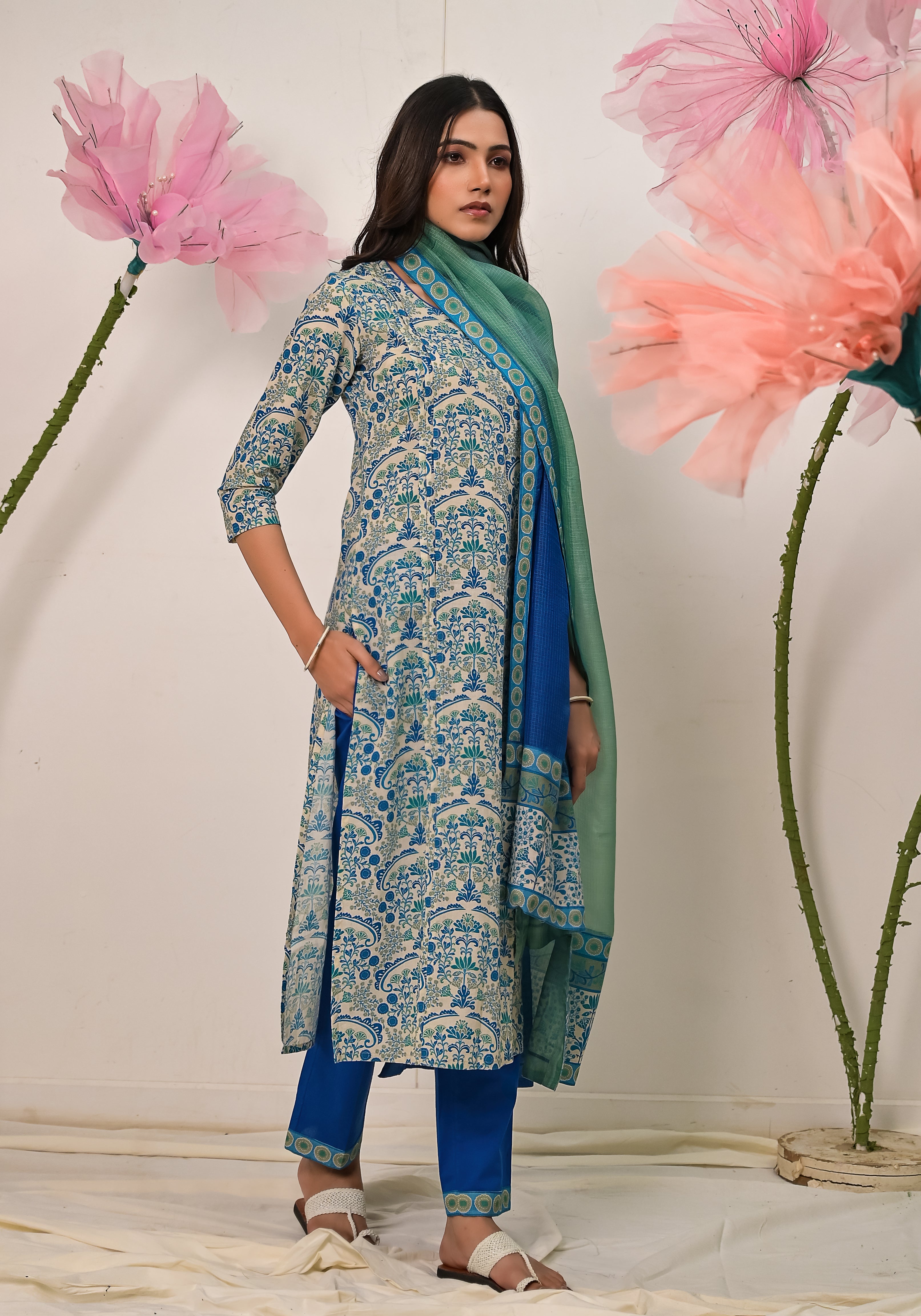 Florentina contemporary floral print cotton pintuck kurta Pant-2pcs