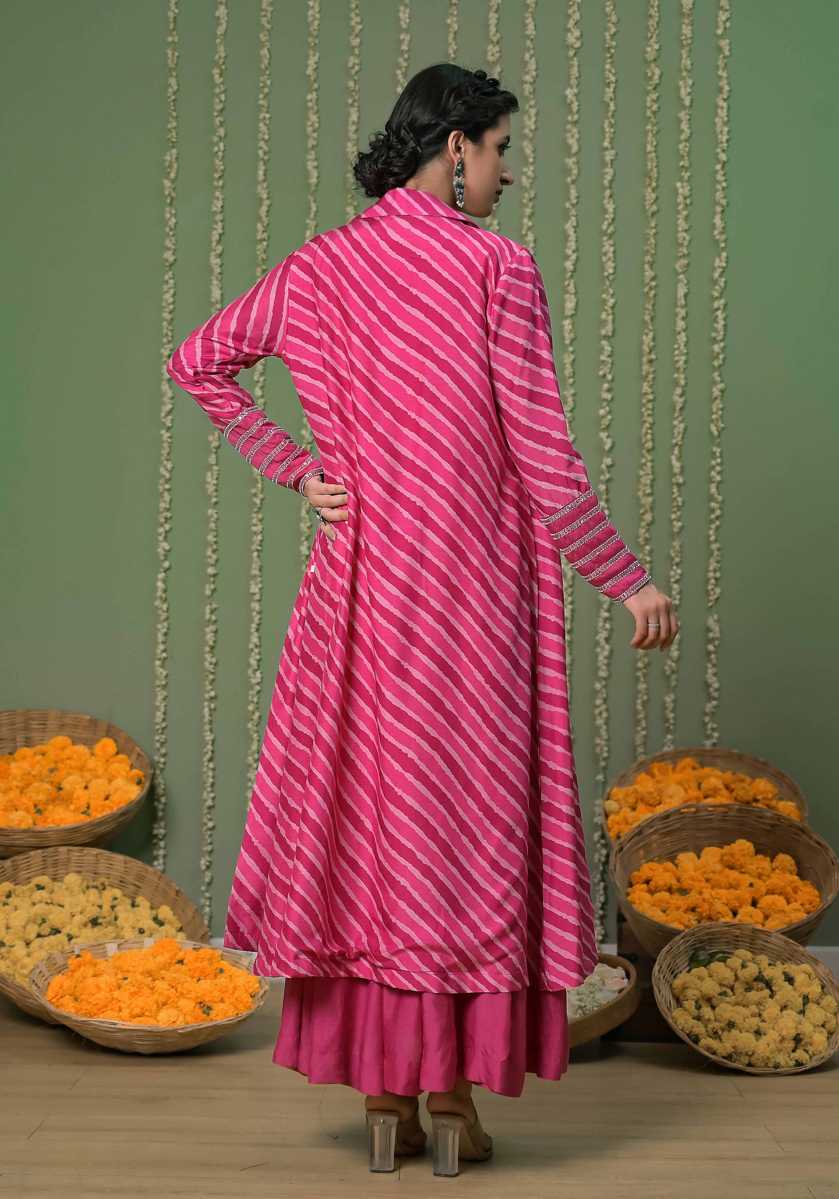Gulabi Leheriya  long Jacket with Solid Pink Anarkali Dress and Belt