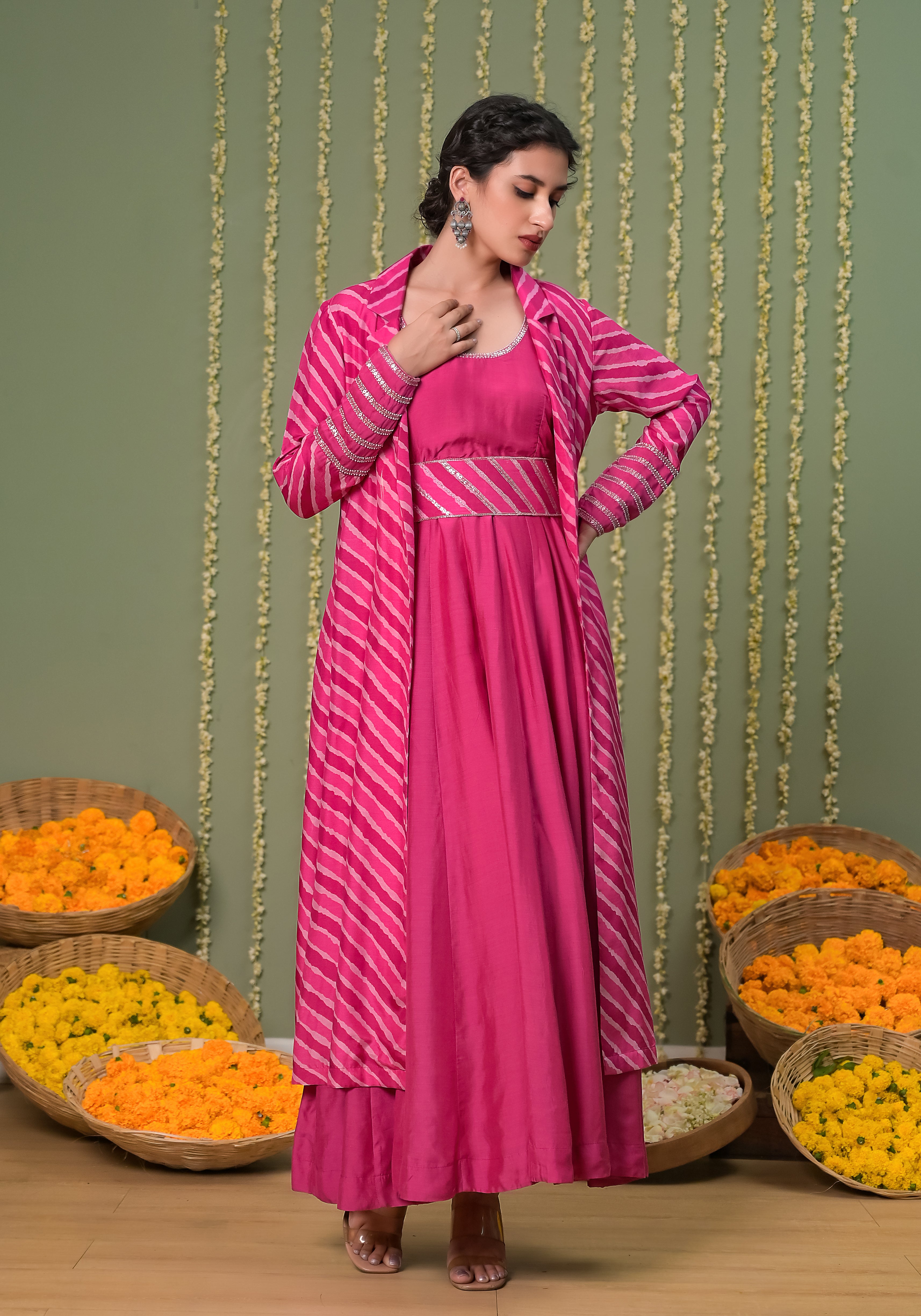 Gulabi Leheriya  long Jacket with Solid Pink Anarkali Dress and Belt