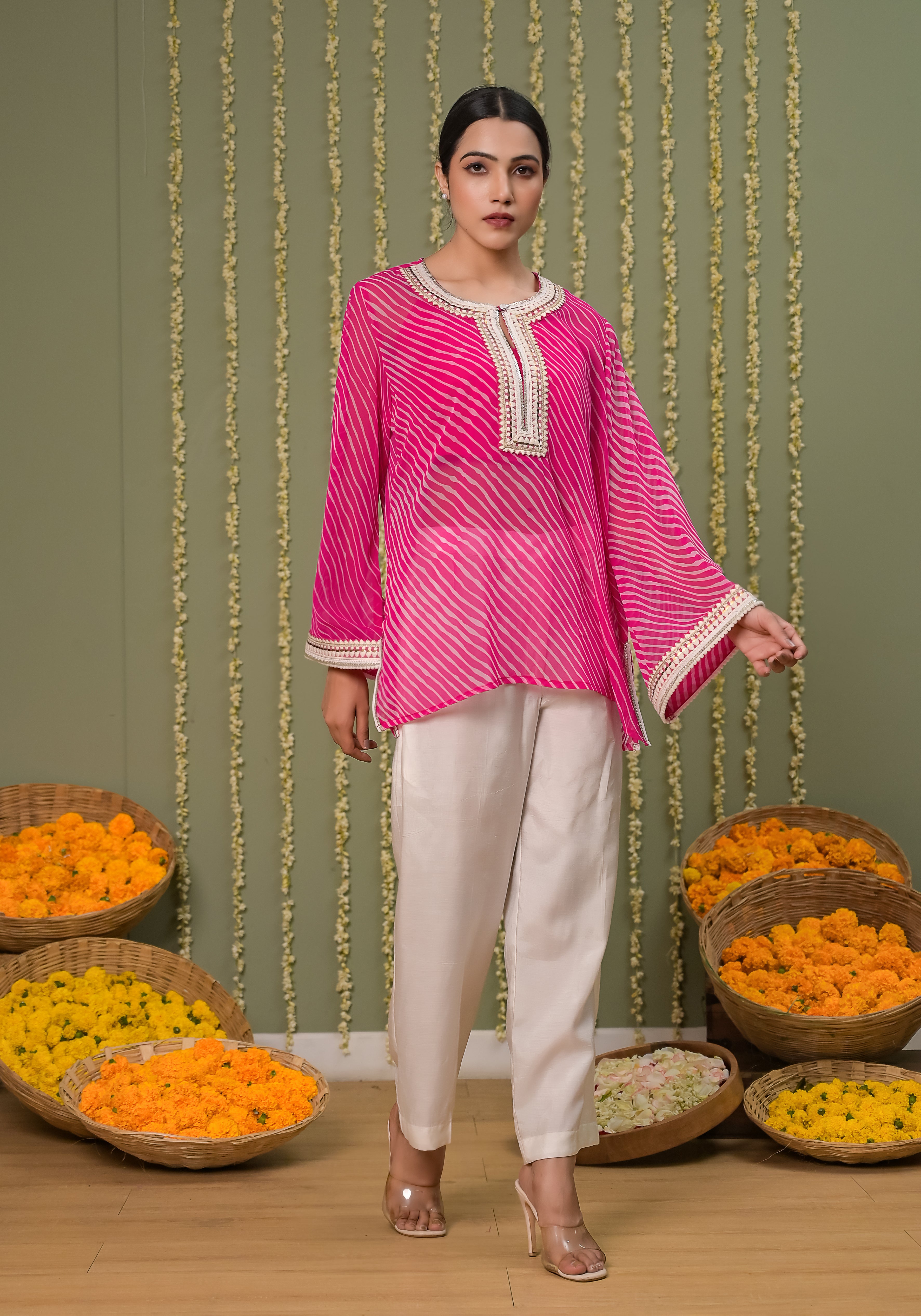 Pink Leheriya Printed Crochet Detailing Shirt.