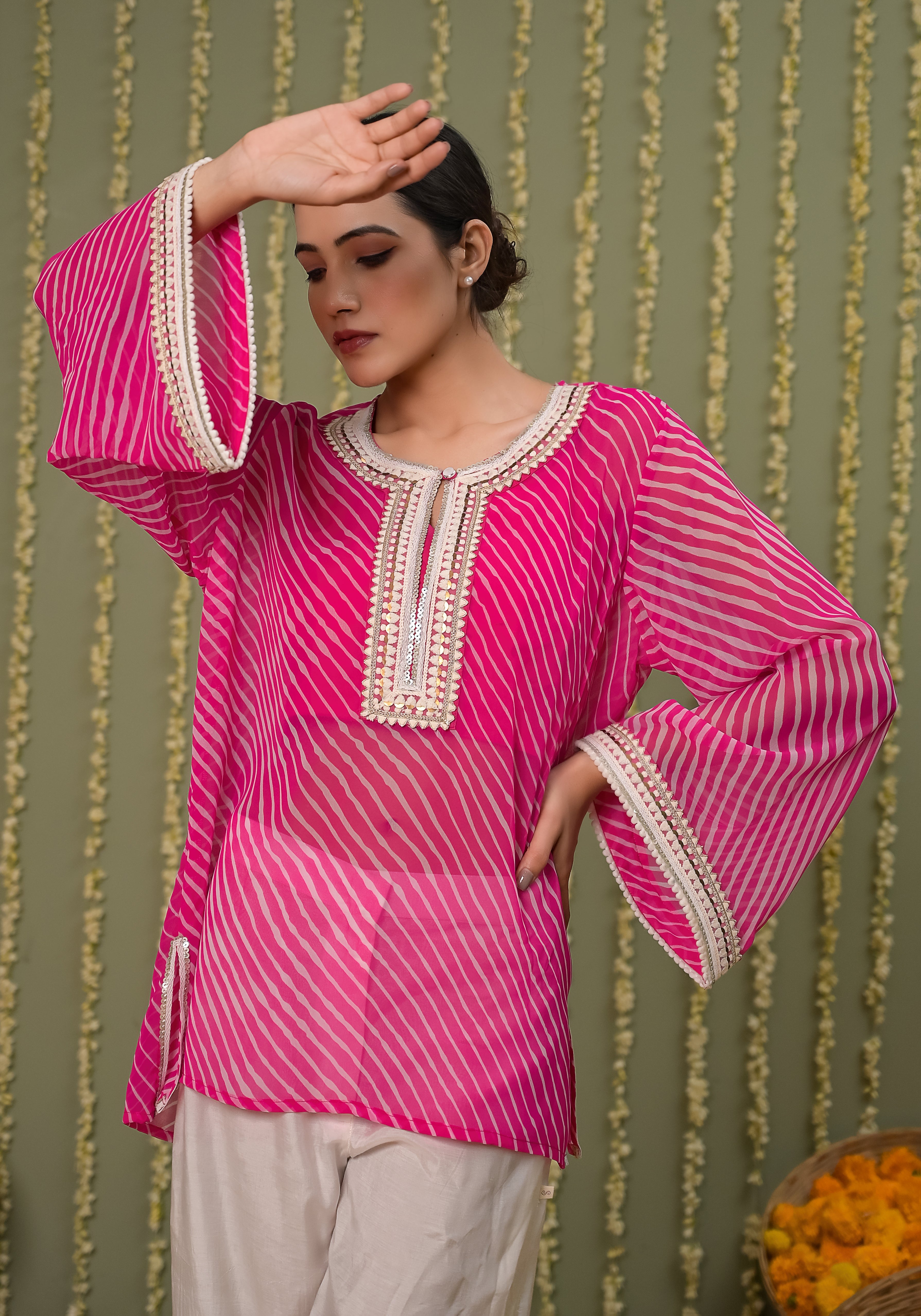 Pink Leheriya Printed Crochet Detailing Shirt.