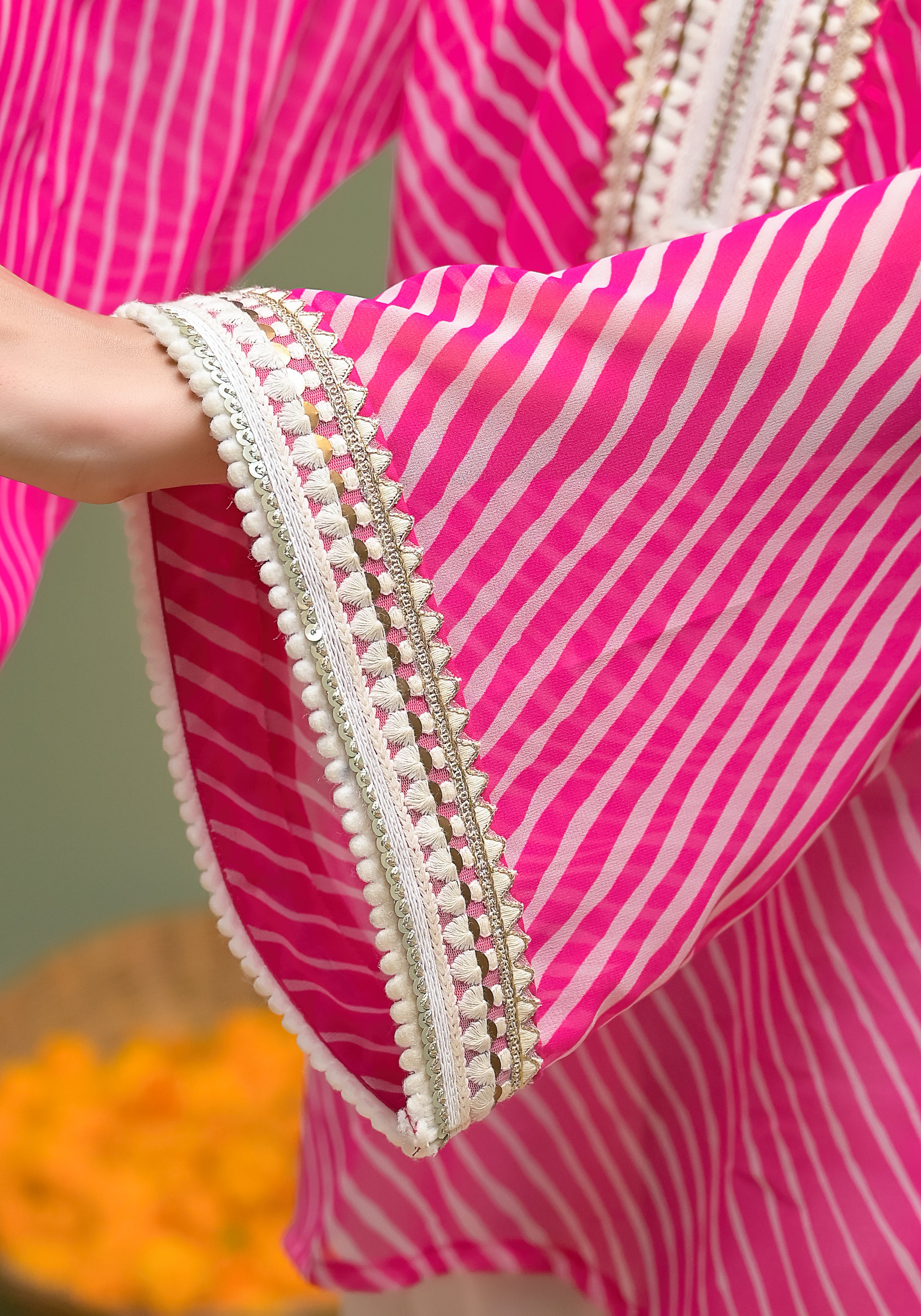 Pink Leheriya Printed Crochet Detailing Shirt.