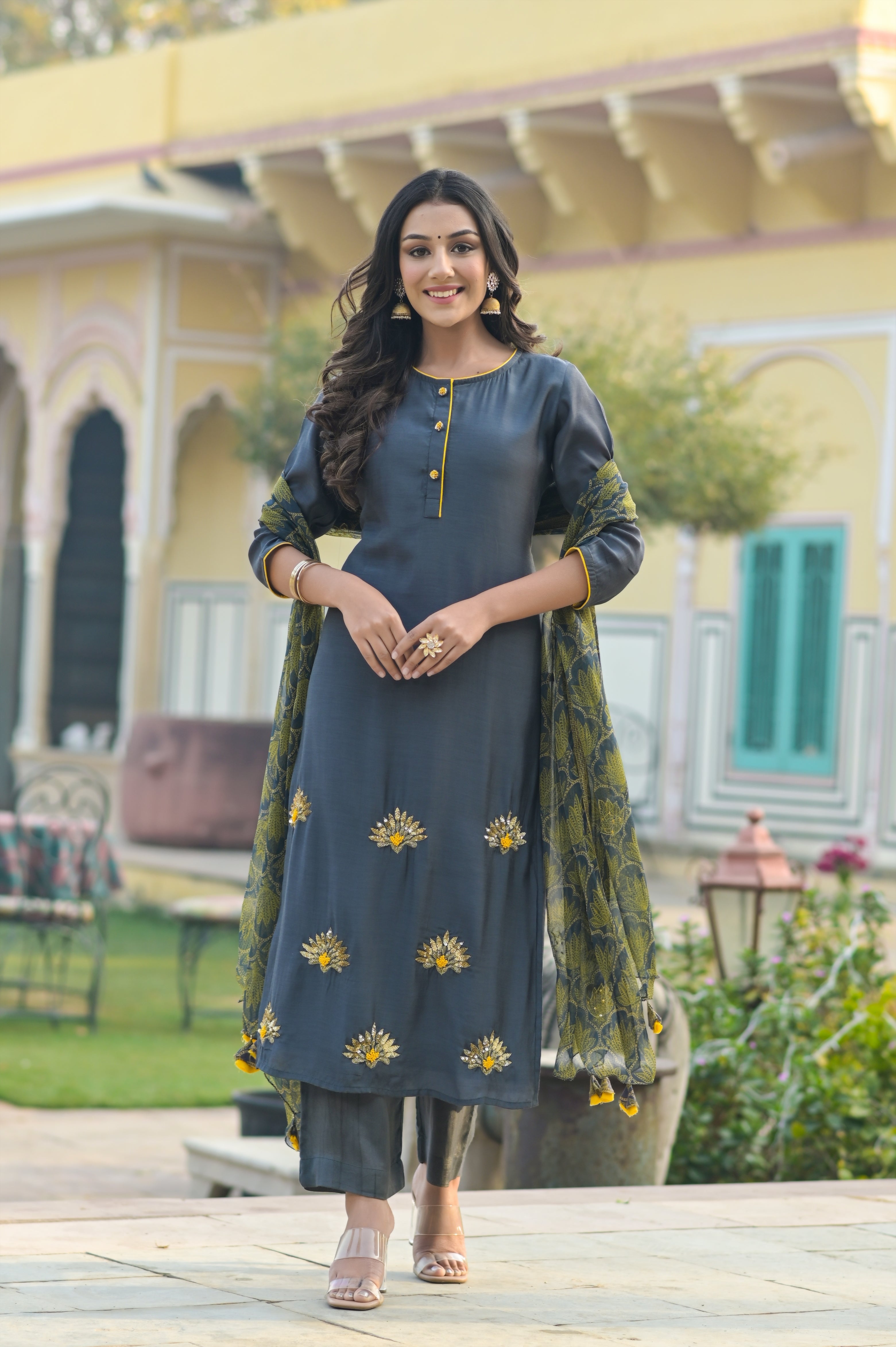 Grey Sequined Lotus Buti Muslin Silk Kurta