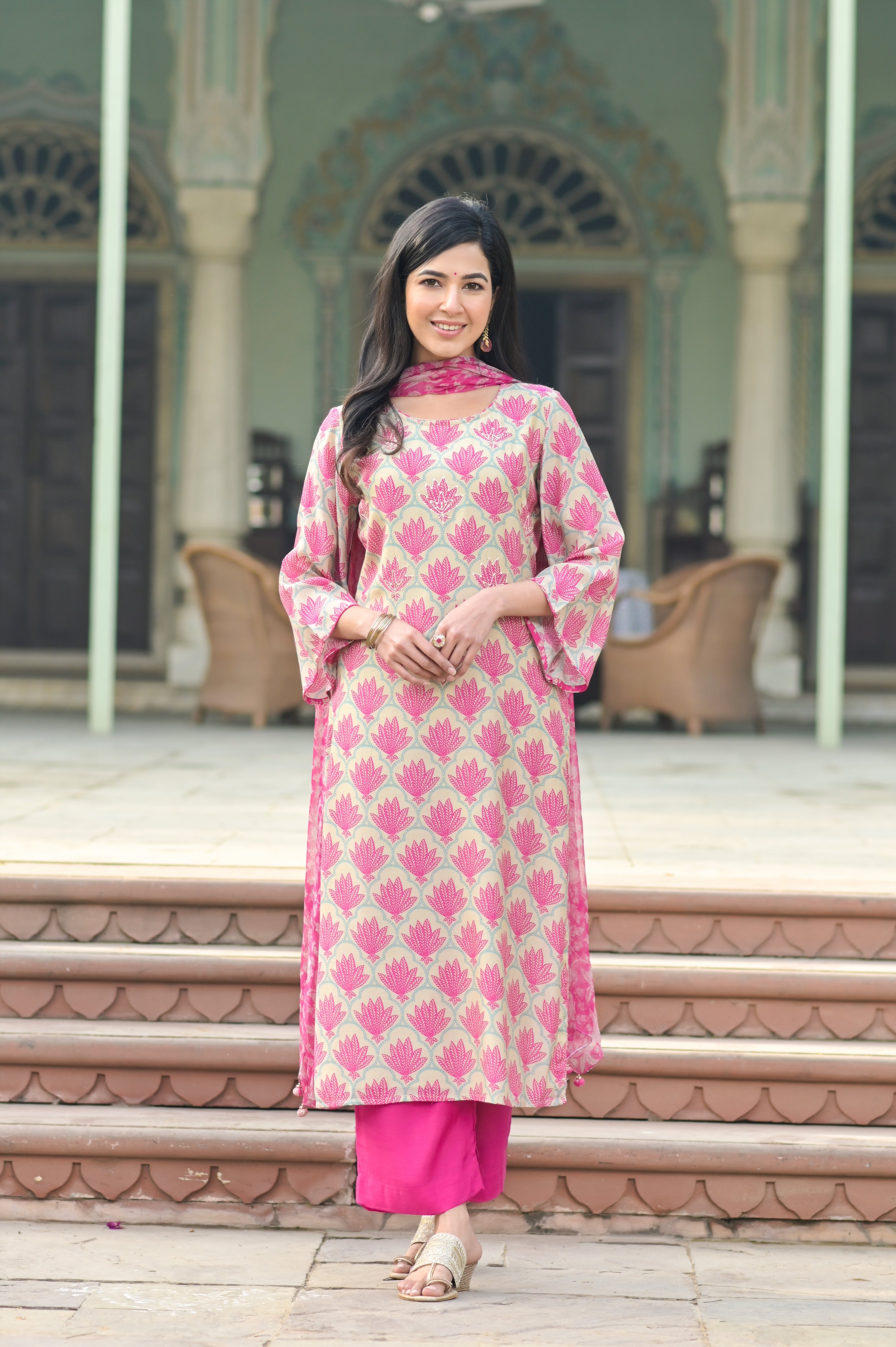 Pink Lotus Flared Sleeves Muslin Silk Kurta Set-3pcs