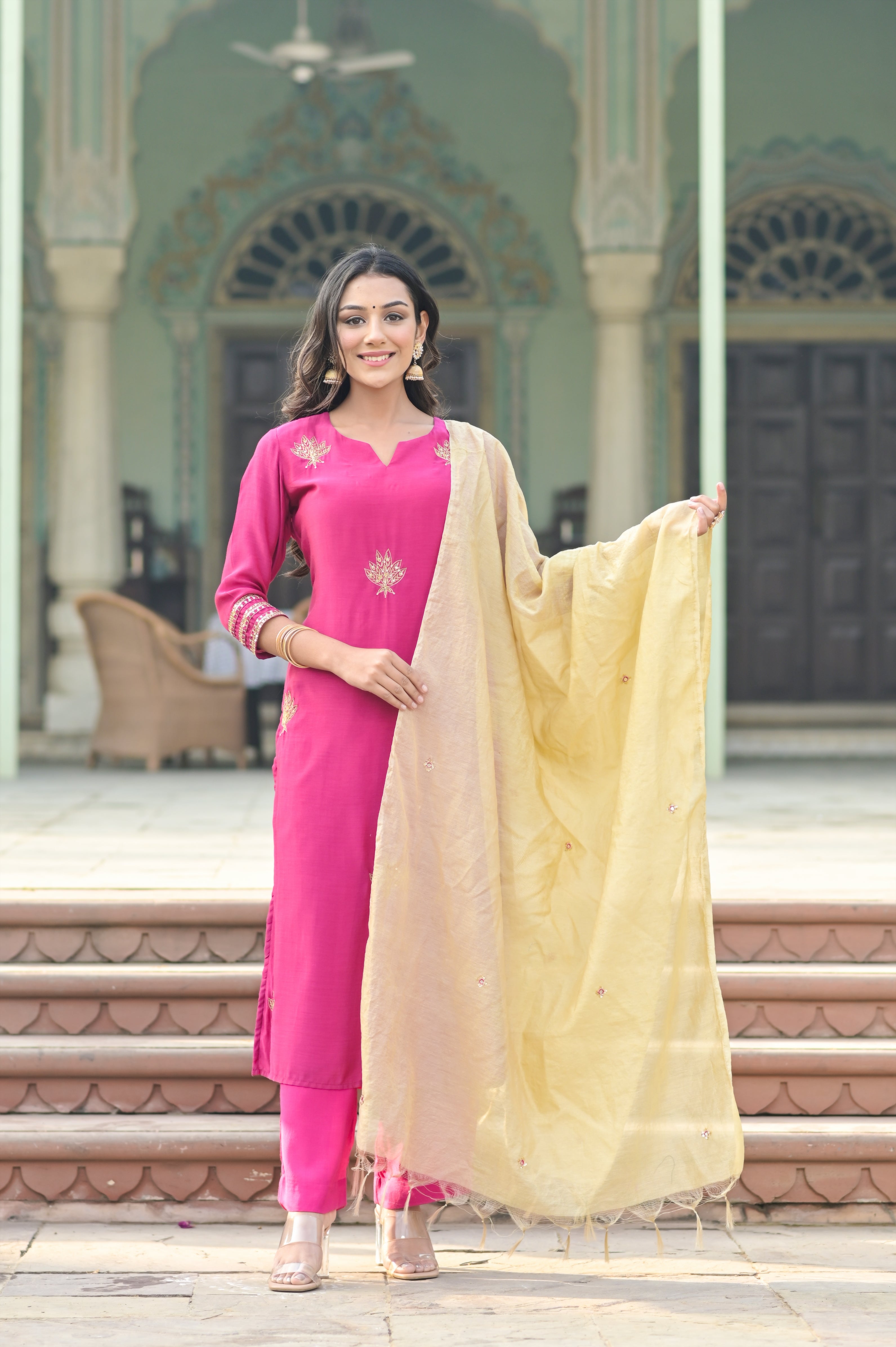 Hot Pink Lotus Buti Kurta Set-3pcs