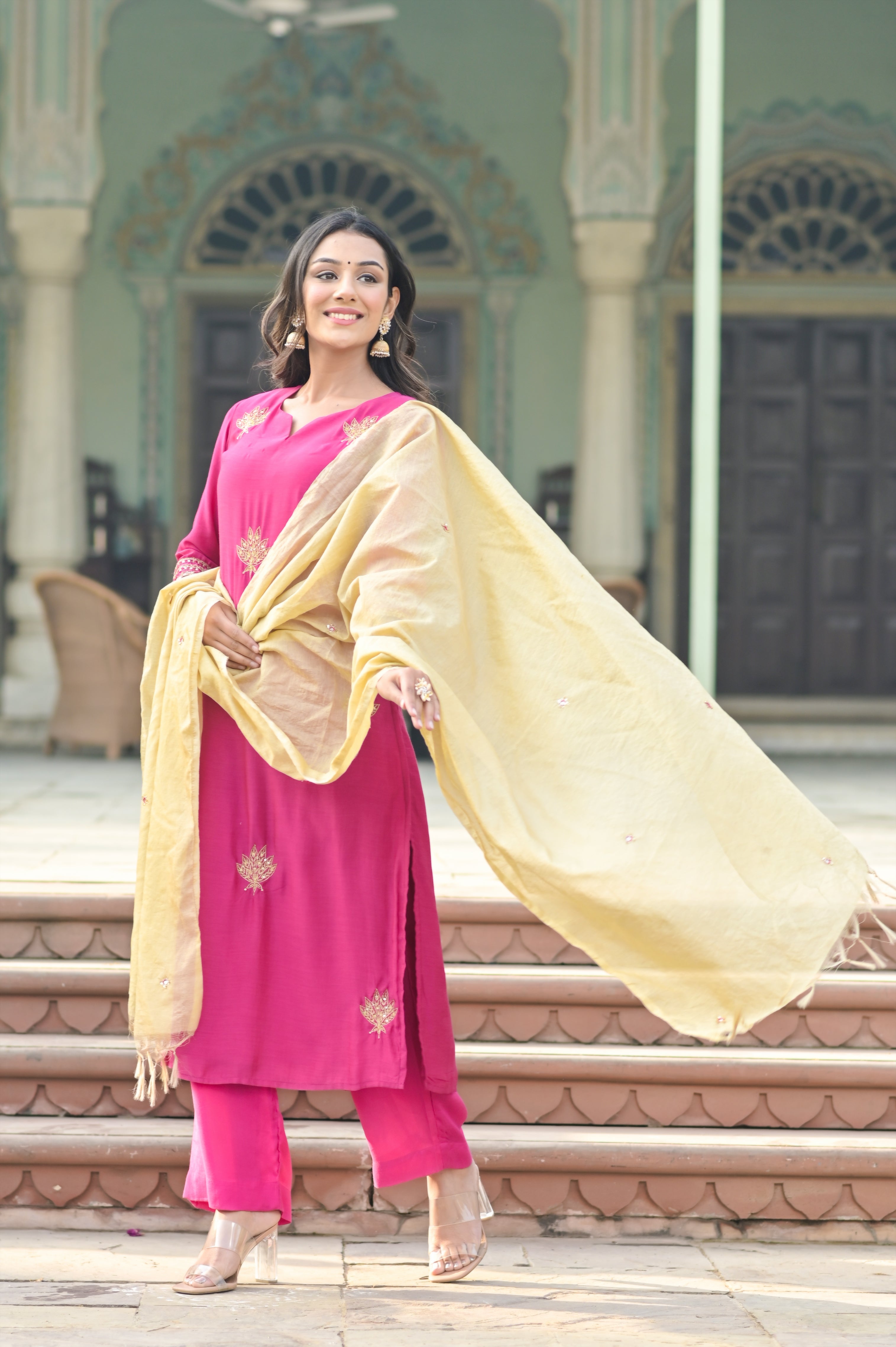 Hot Pink Lotus Buti Kurta Set-3pcs