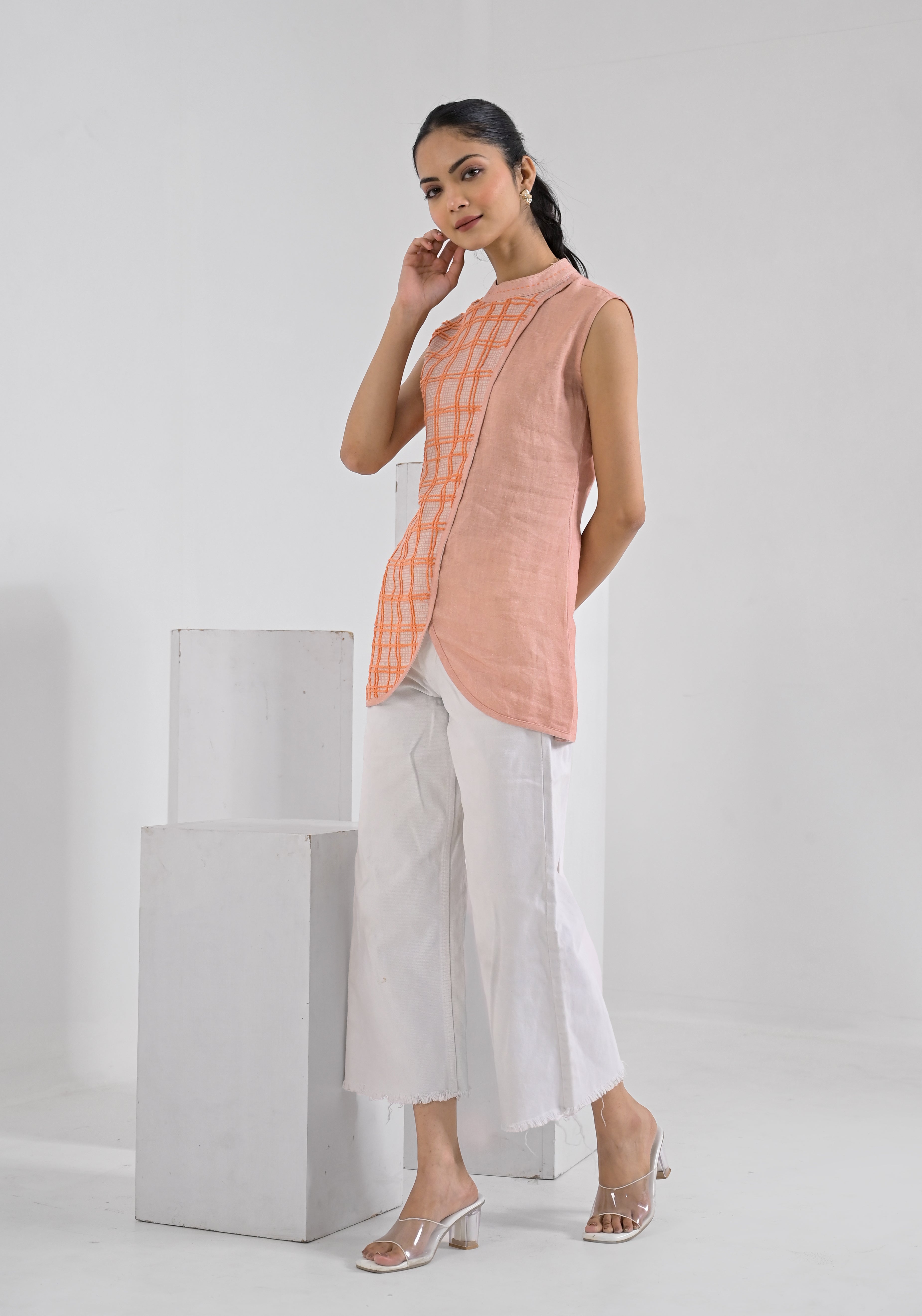 Breeze Peach Aari Check Tunic