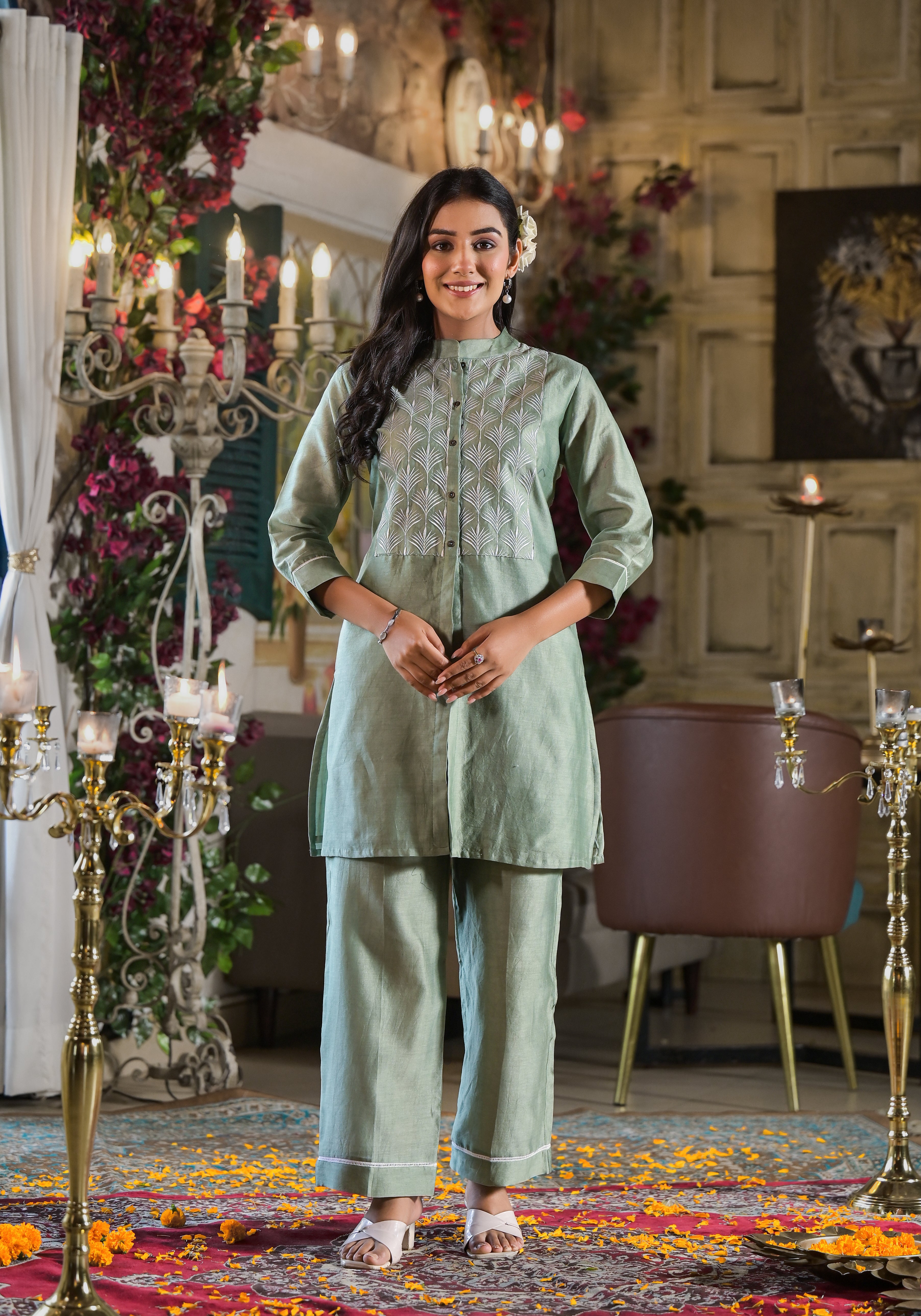 Grey Chanderi Embroidered Co-Ord Set-3pcs