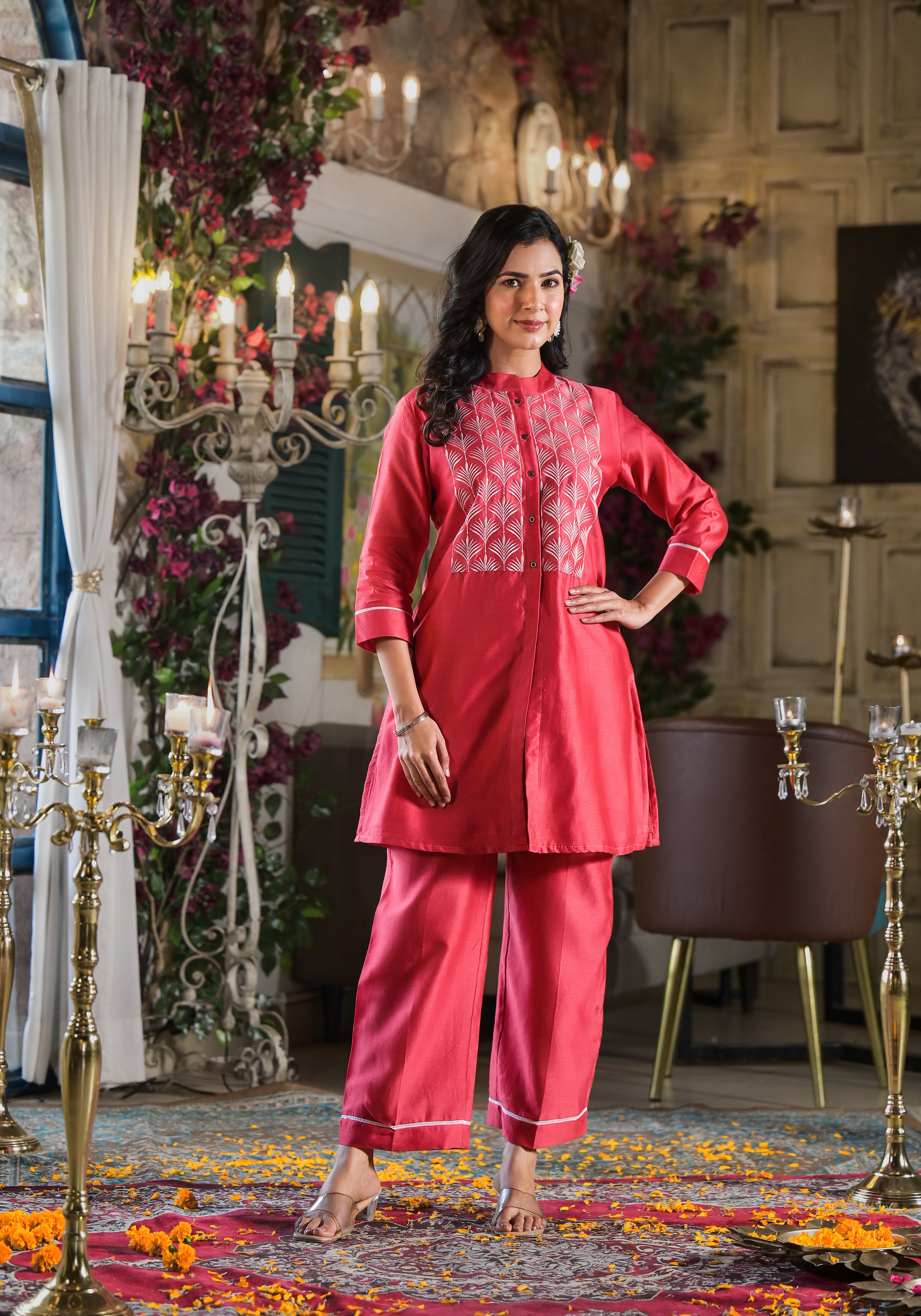 Red Chanderi embroider Co-Ord set-2pcs