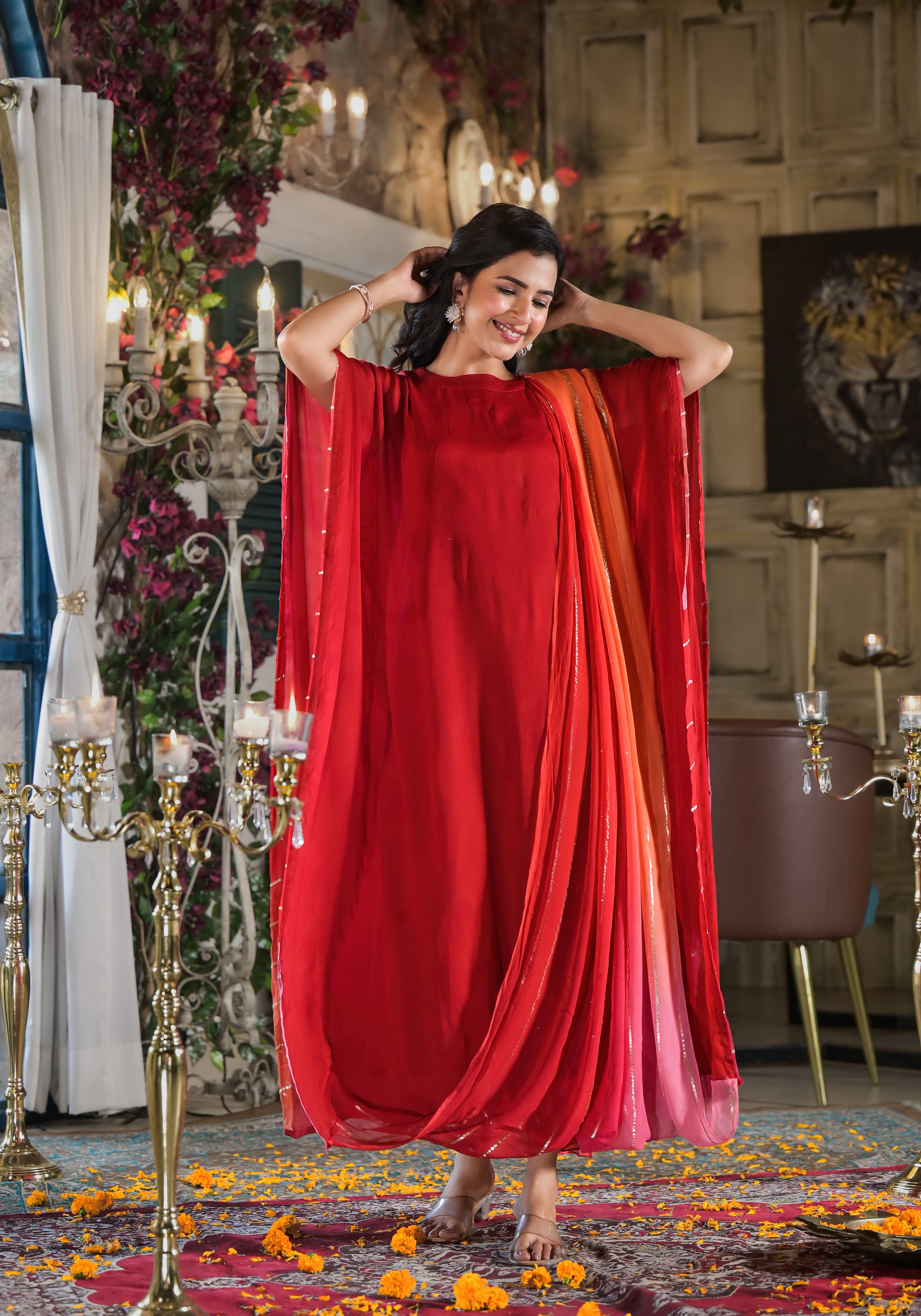 Karwachauth Special Chinnon Drape Kaftan Style Dress