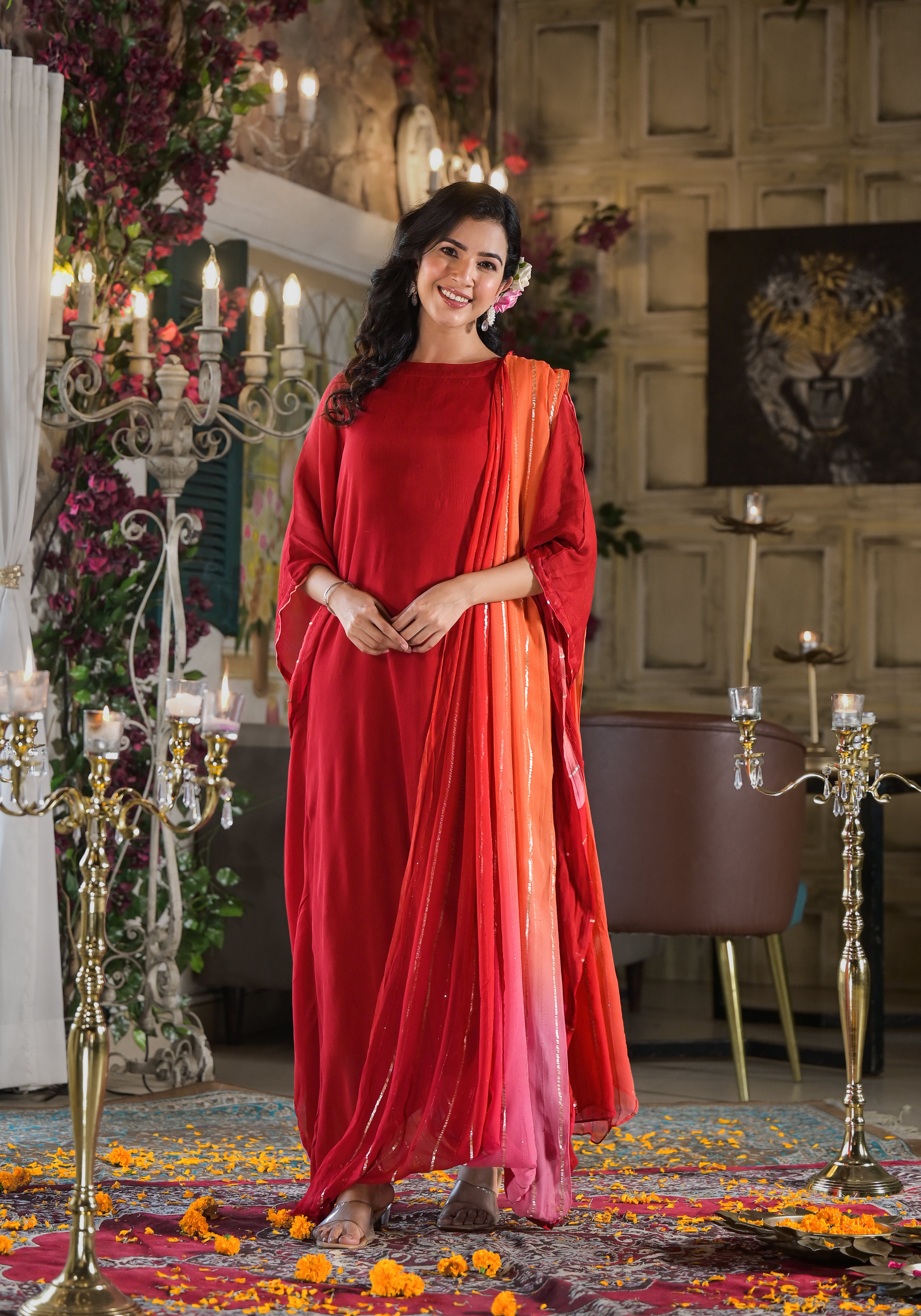 Karwachauth Special Chinnon Drape Kaftan Style Dress