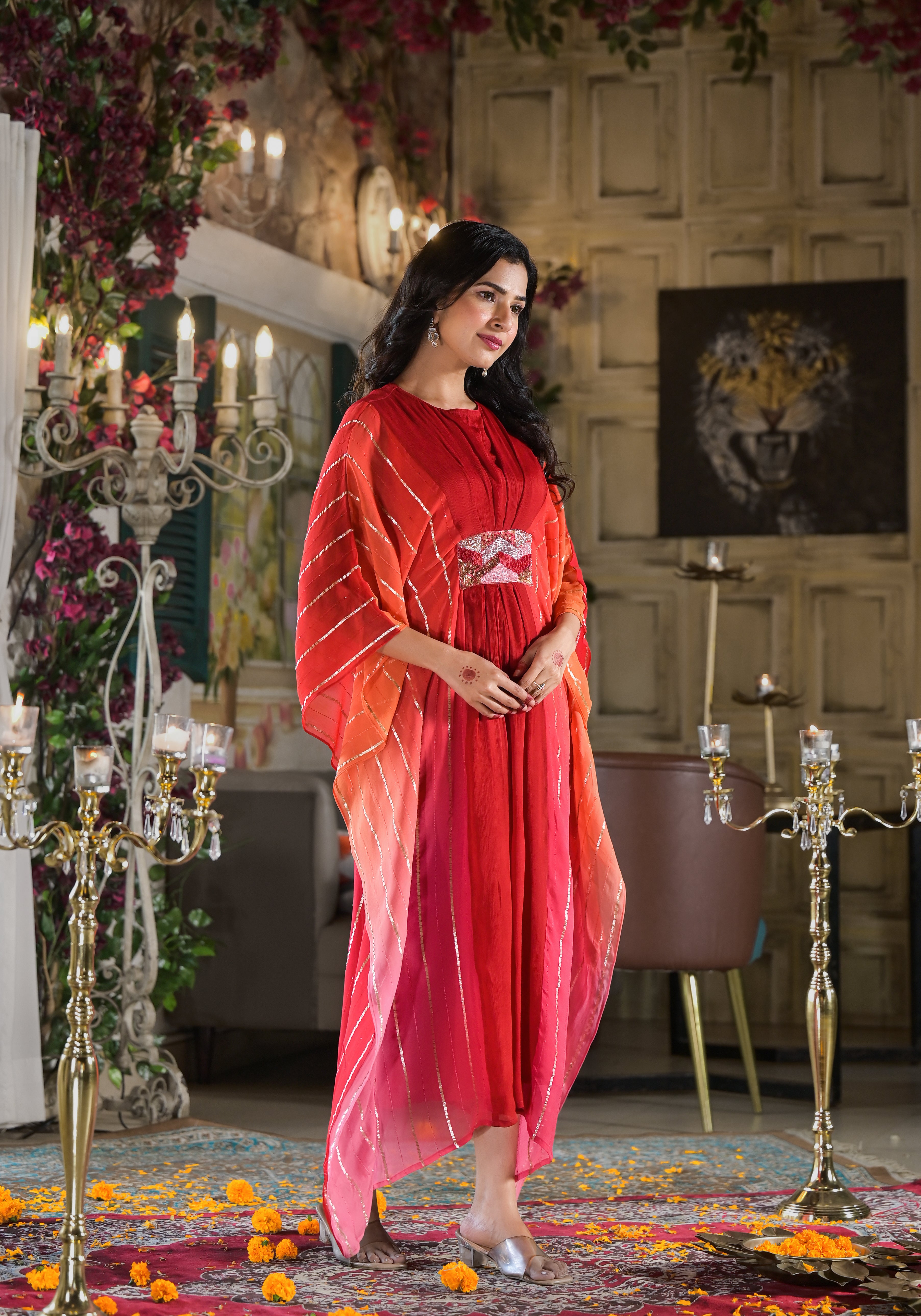 Karwachauth special Chinnon Kaftan Dress-2PCS