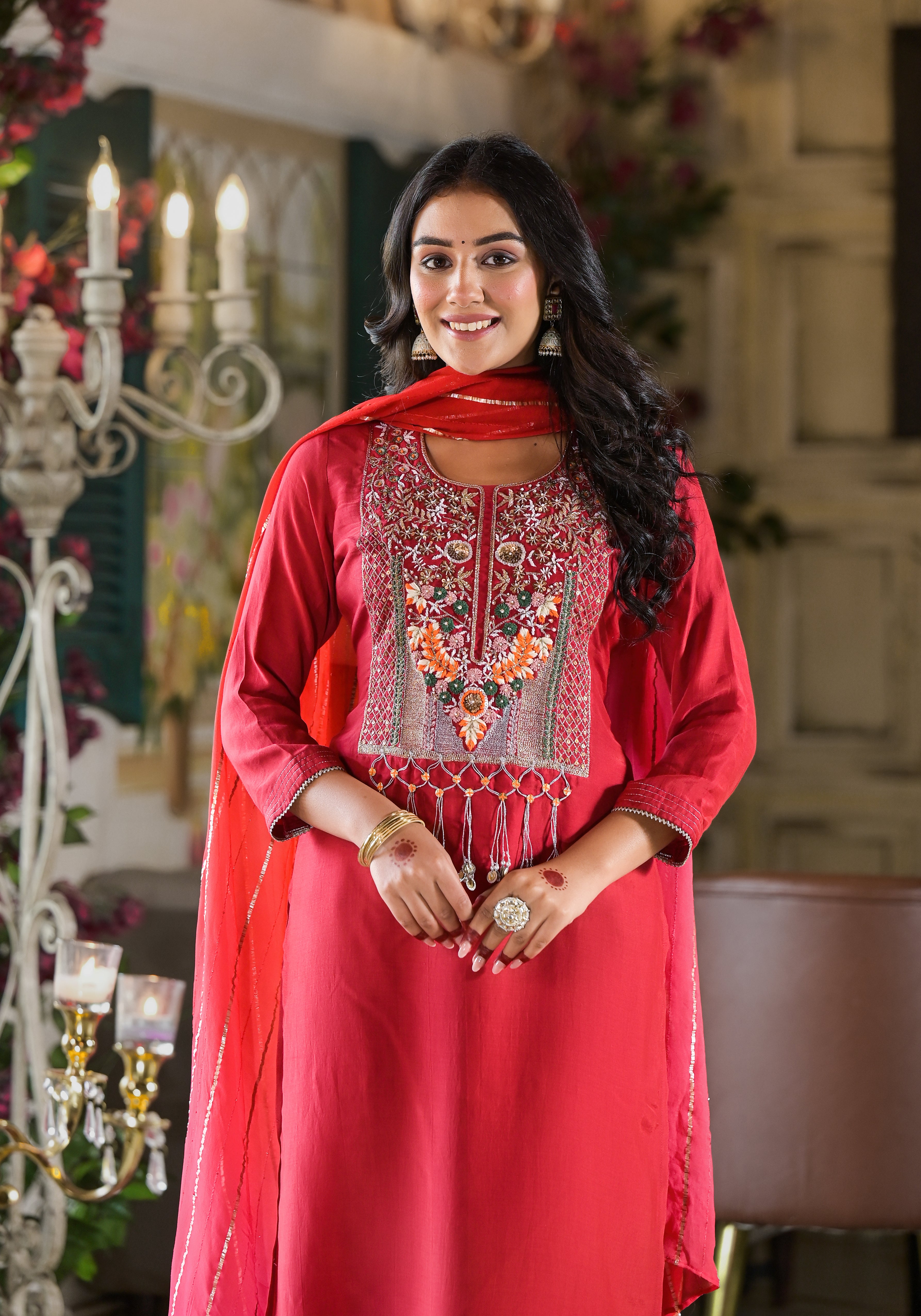 Karwachauth Special Red Muslin Kurta Set-3PCS