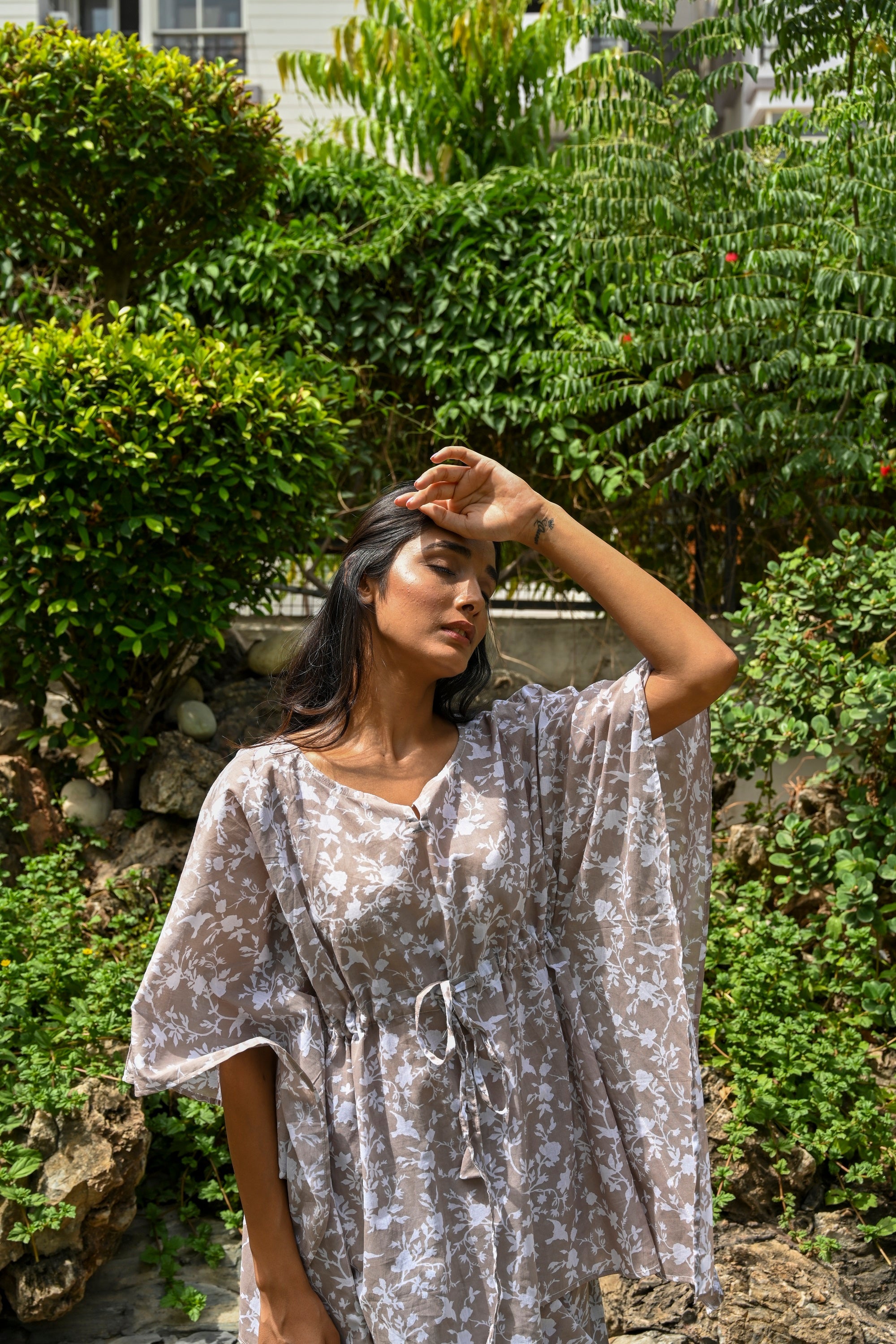 Beige Floral Kaftan Full