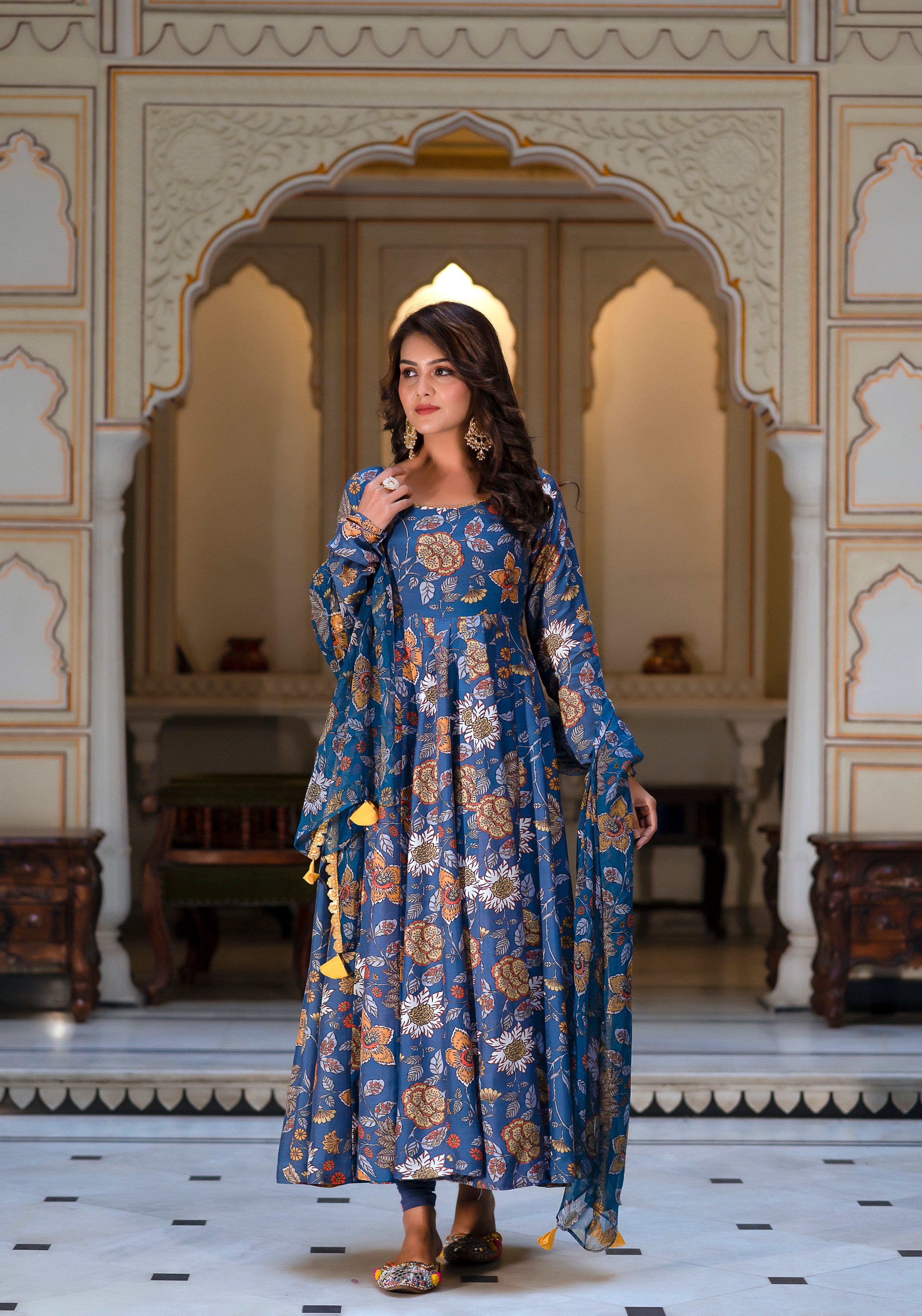 Azure Floral Fantasy Anarkali Set-3PCS