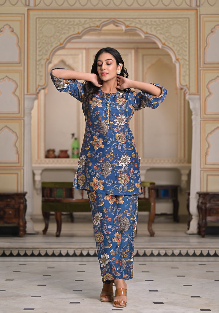 Azure Floral Fantasy Muslin Silk Co-Ord set