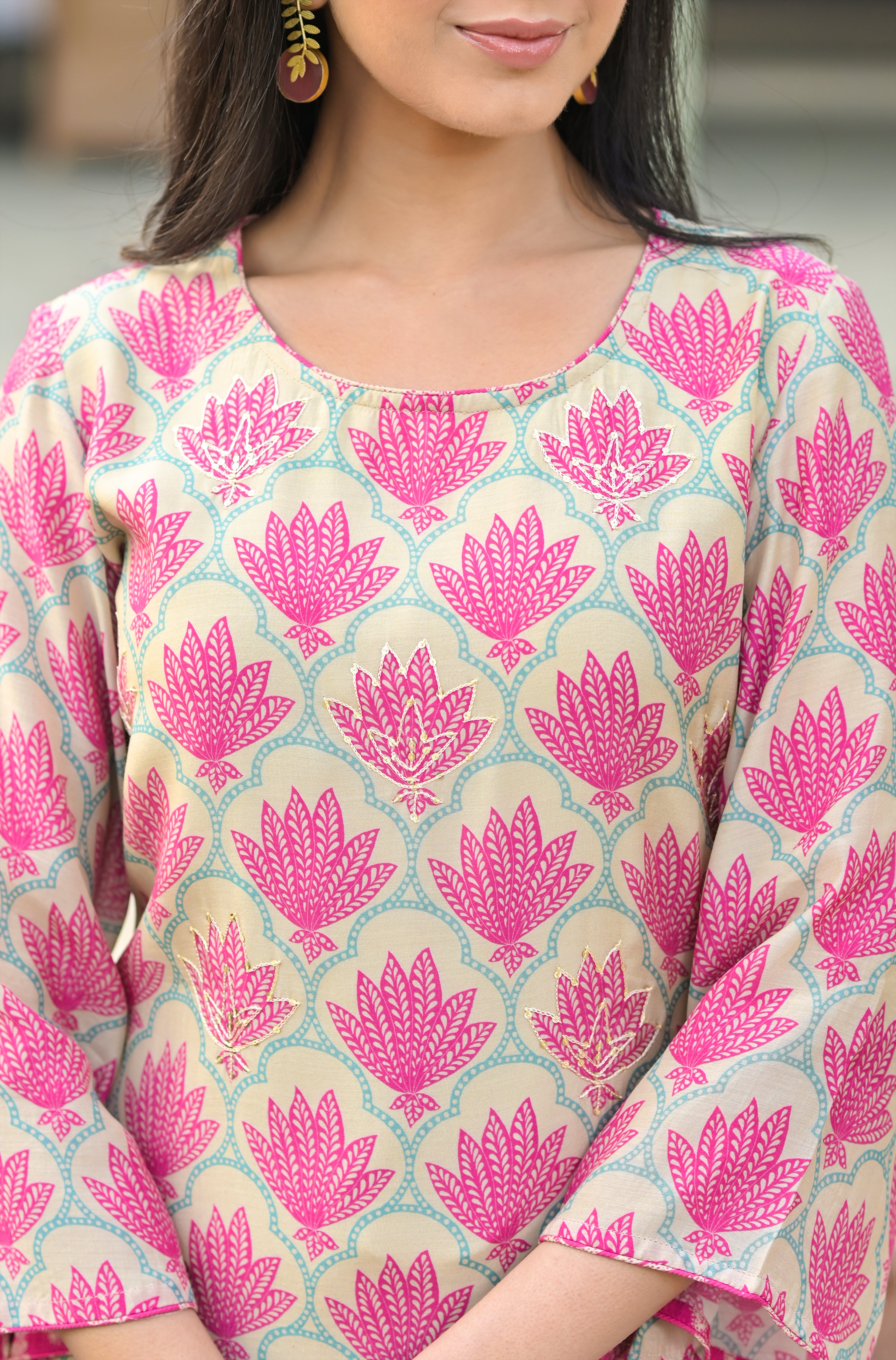 Pink Lotus Flared Sleeves Muslin Silk Kurta Set-3pcs
