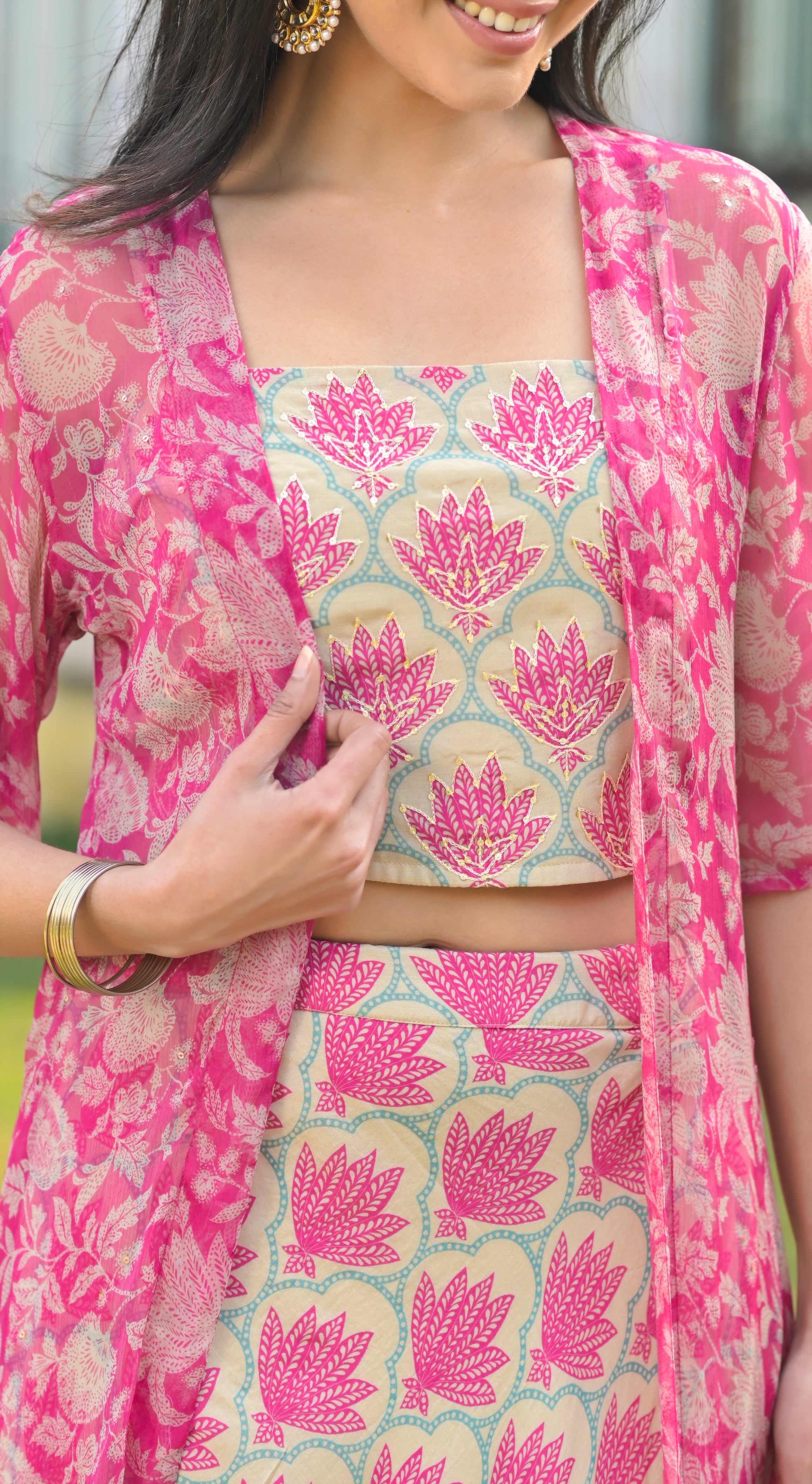 Pink Lotus Crop Top & Skirt Set With Floral chiffon Jacket