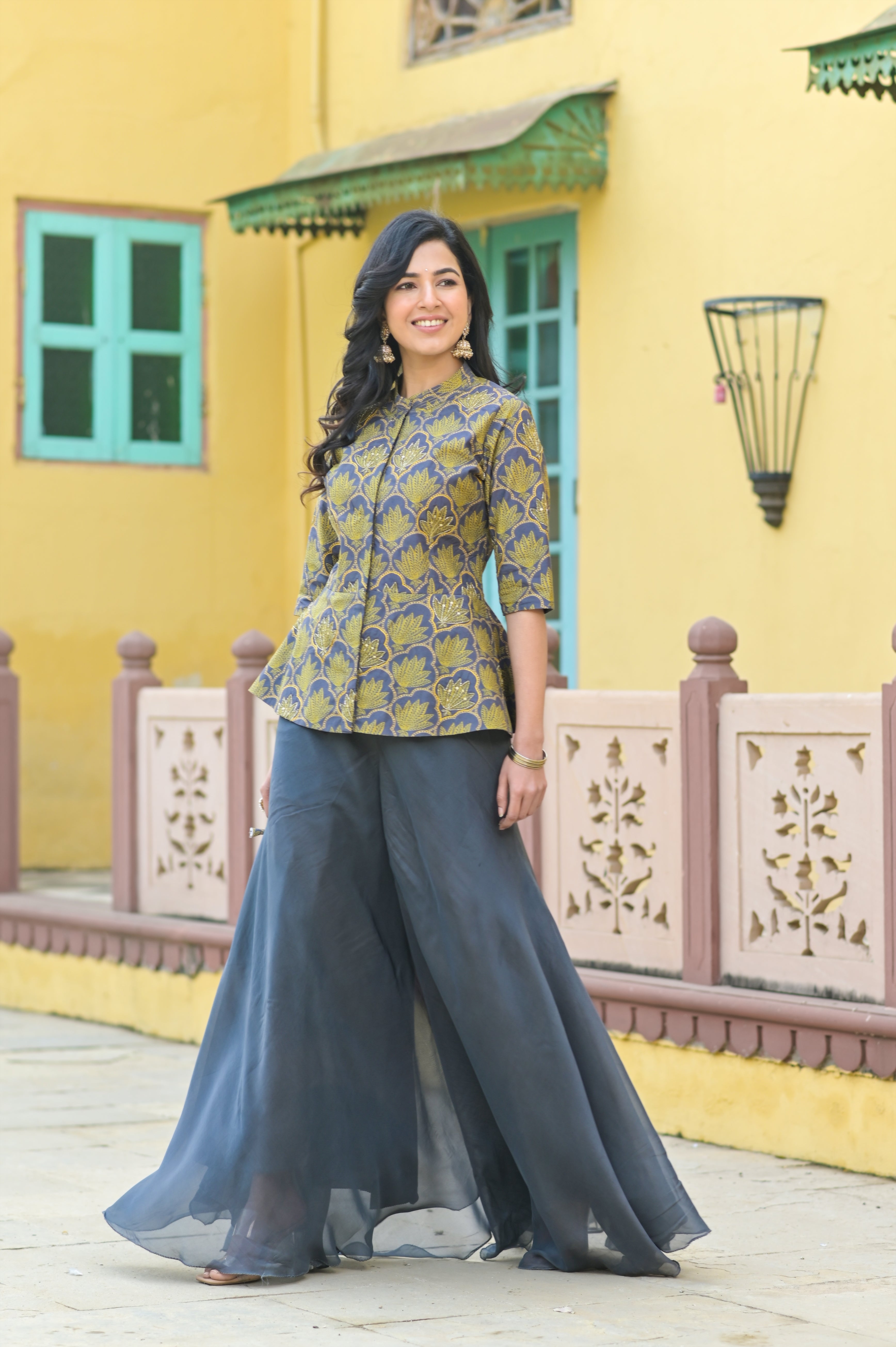 Buy Elegant Peplum Top Sharara Pant Set online | Devika Seth