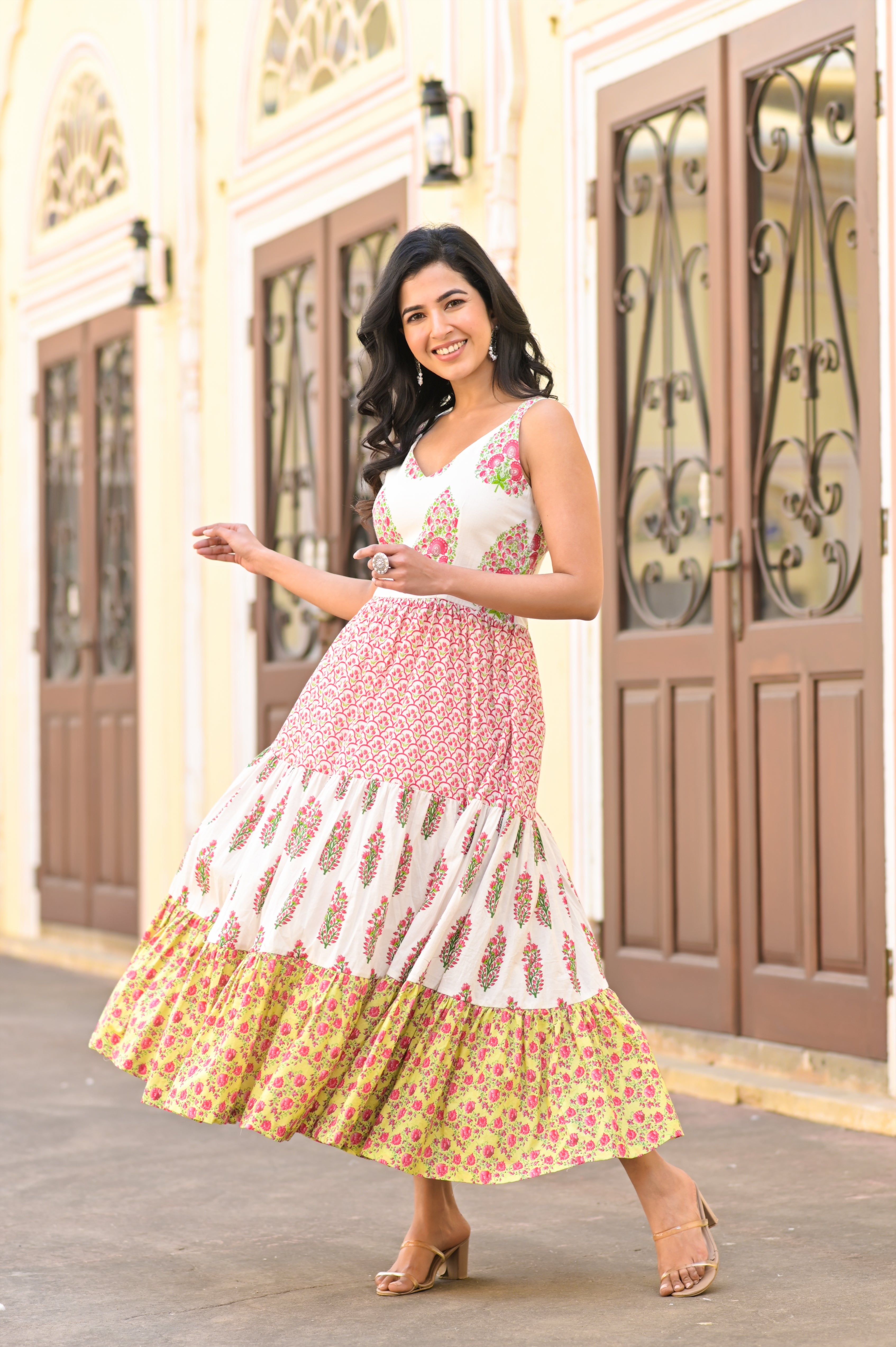 Mughal White Tier cotton Dress (Without Cape)