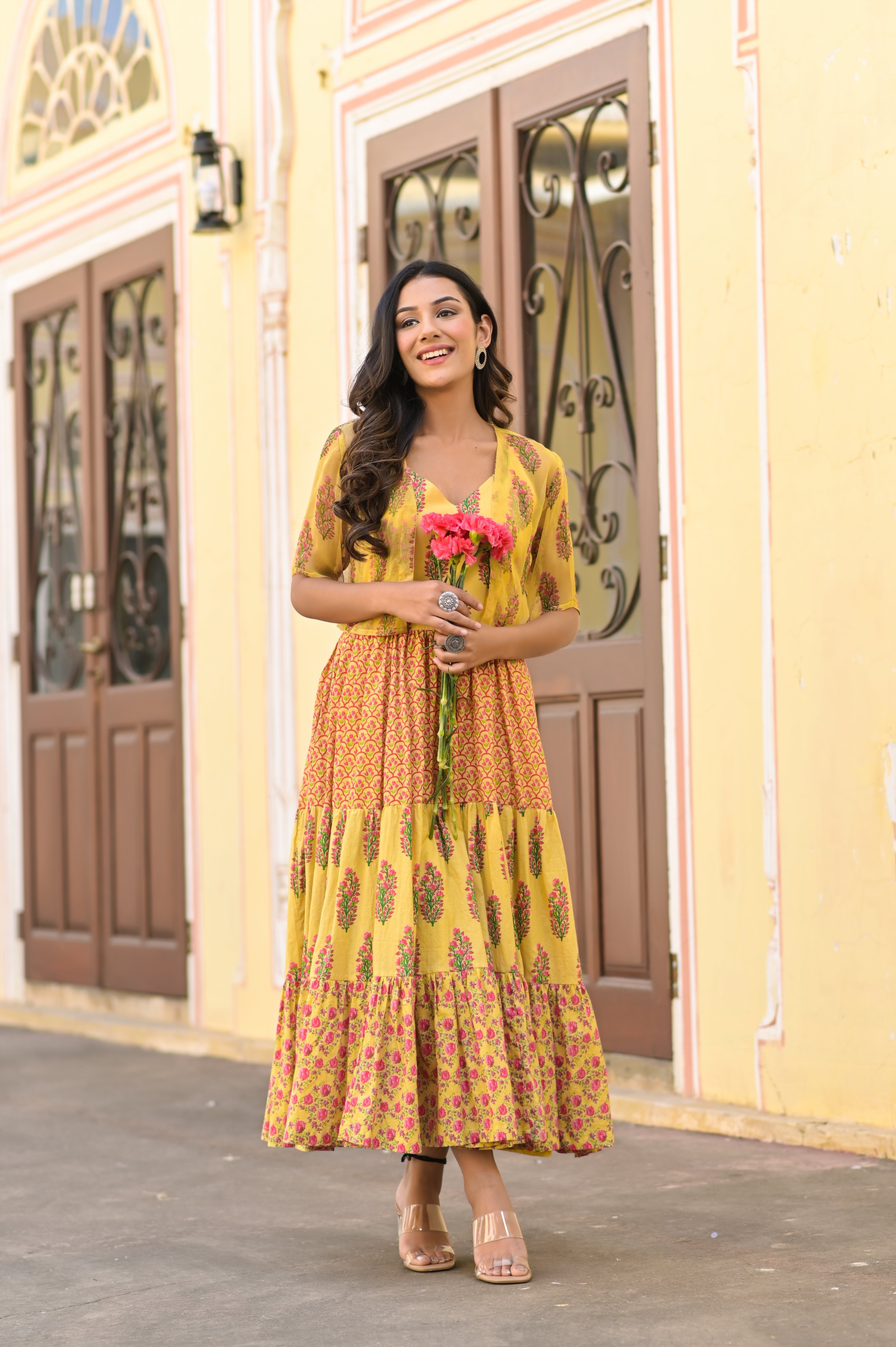 Mughal  sleeveless Yellow Tiered cotton Dress (Without Cape)