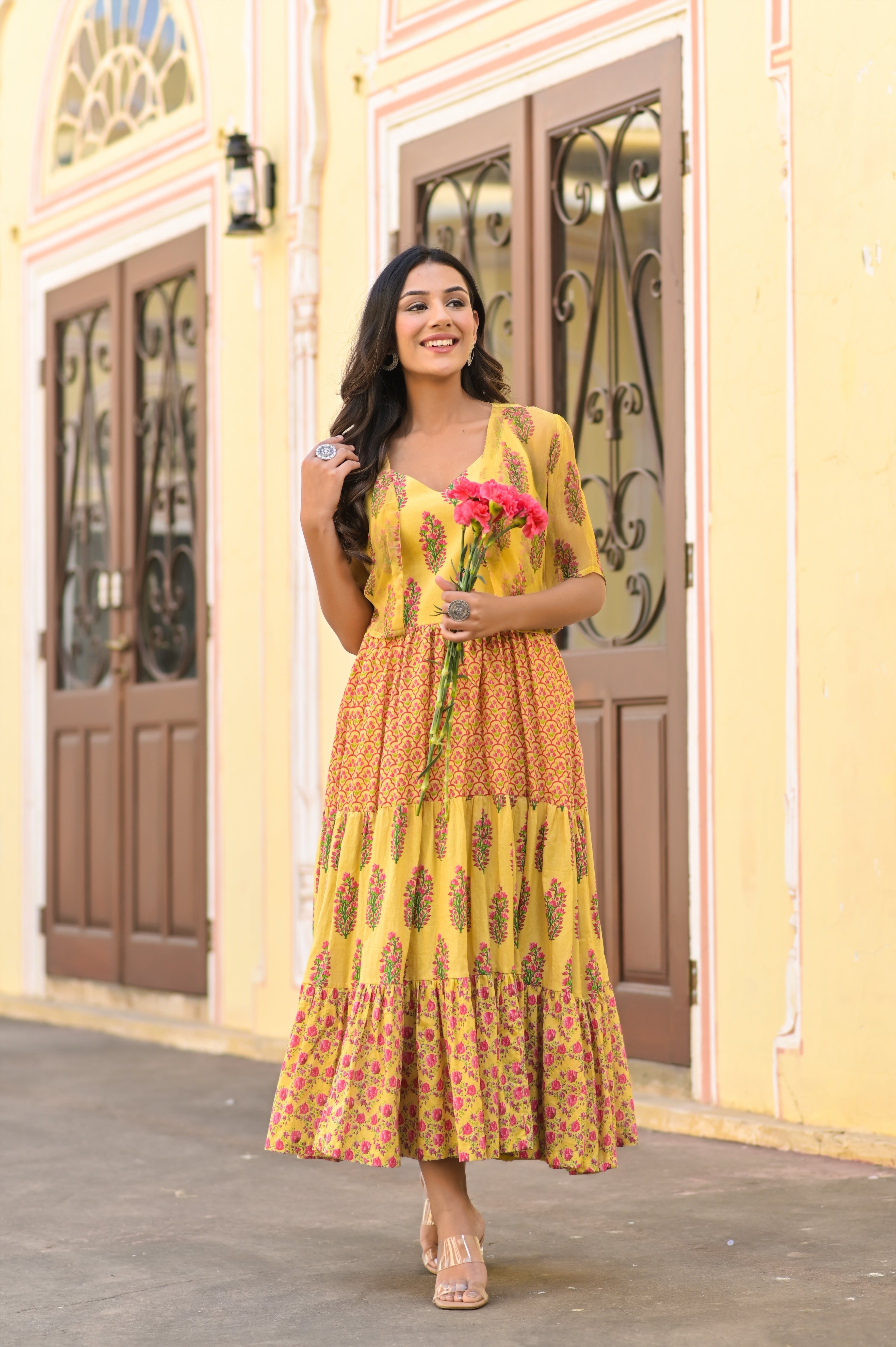 Mughal  sleeveless Yellow Tiered cotton Dress with Chiffon Cape