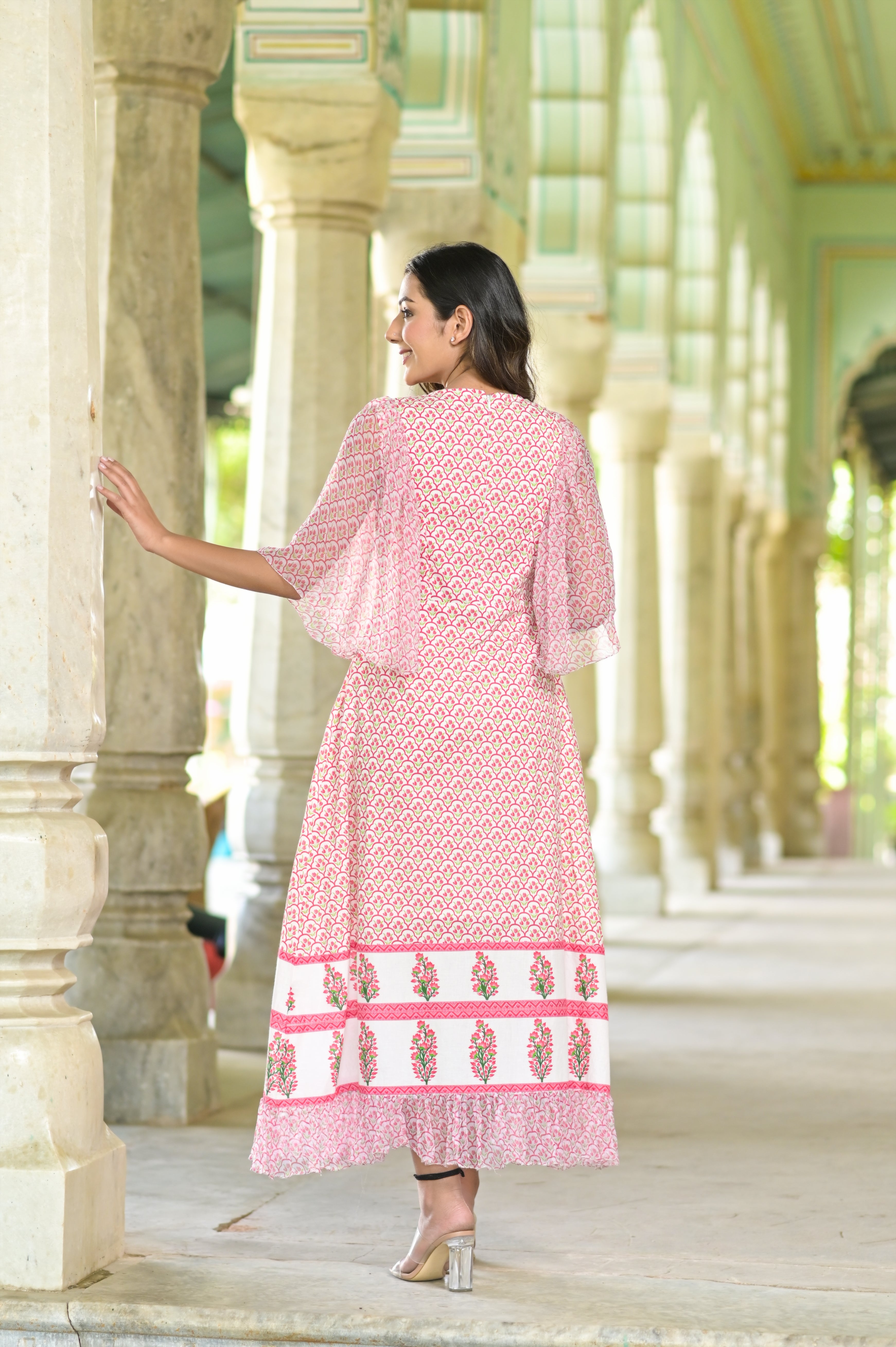 Jharokha Chiffon Sleeves  Printed Cotton Frill Dress