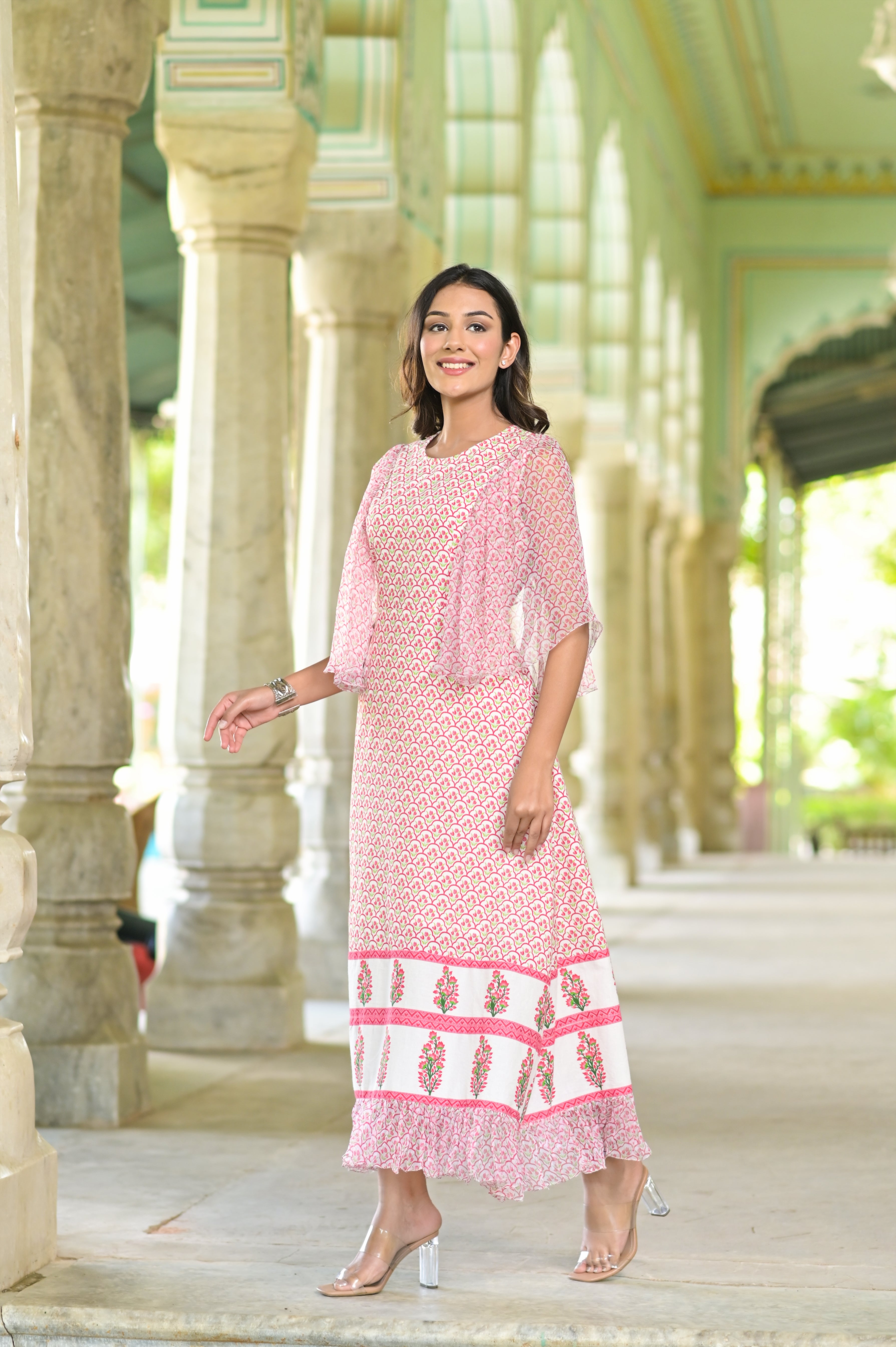 Jharokha Chiffon Sleeves  Printed Cotton Frill Dress