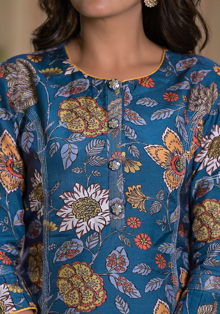 Azure floral fantasy muslin silk zari kurta pant-2pcs