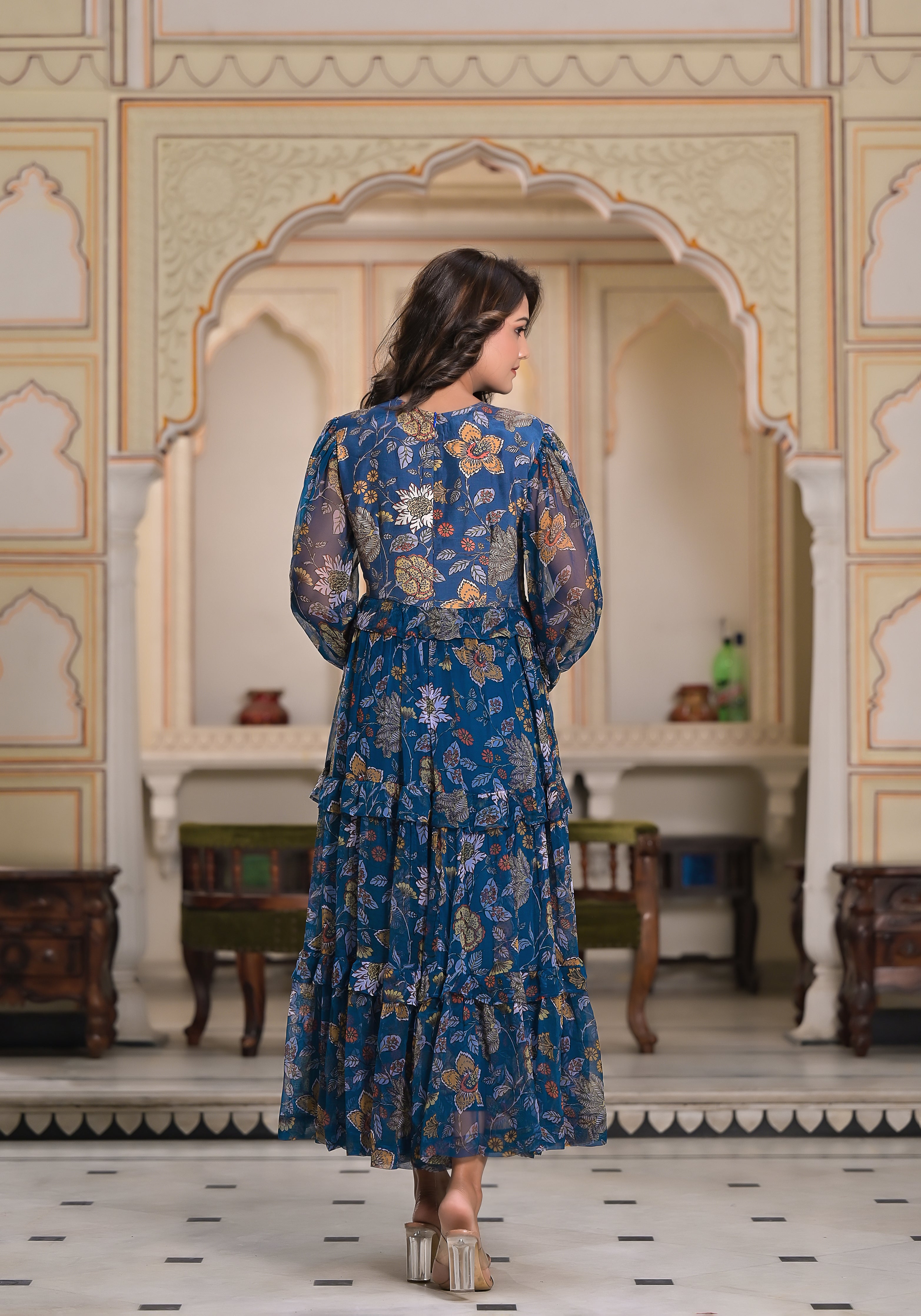 Azure Floral Fantasy Printed Chiffon Blue Tier Dress